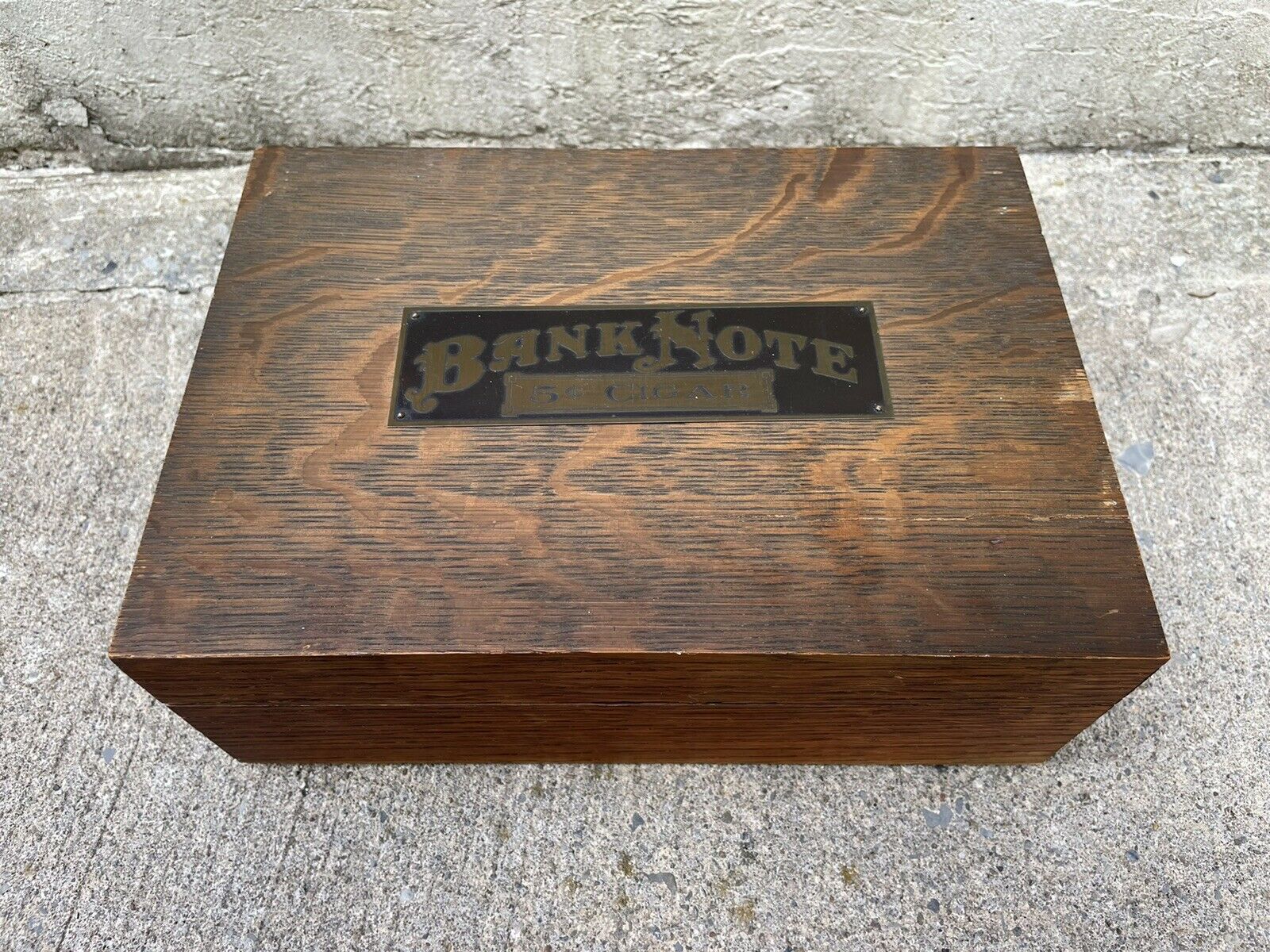 Antique Humidor Bank Note Cigar 5 Cent Wooden Tobacco Oak Tin Lined Rare Hinged