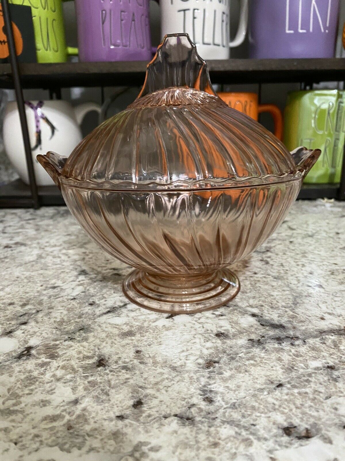 Rare Jeanette Glass Pink Petal Swirl Covered Footed Candy Dish Depression Glass