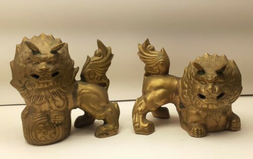 Set Of 2 Antique Bronze Asian Guardian Horned Foo Dog Statues Sculptures Chinese