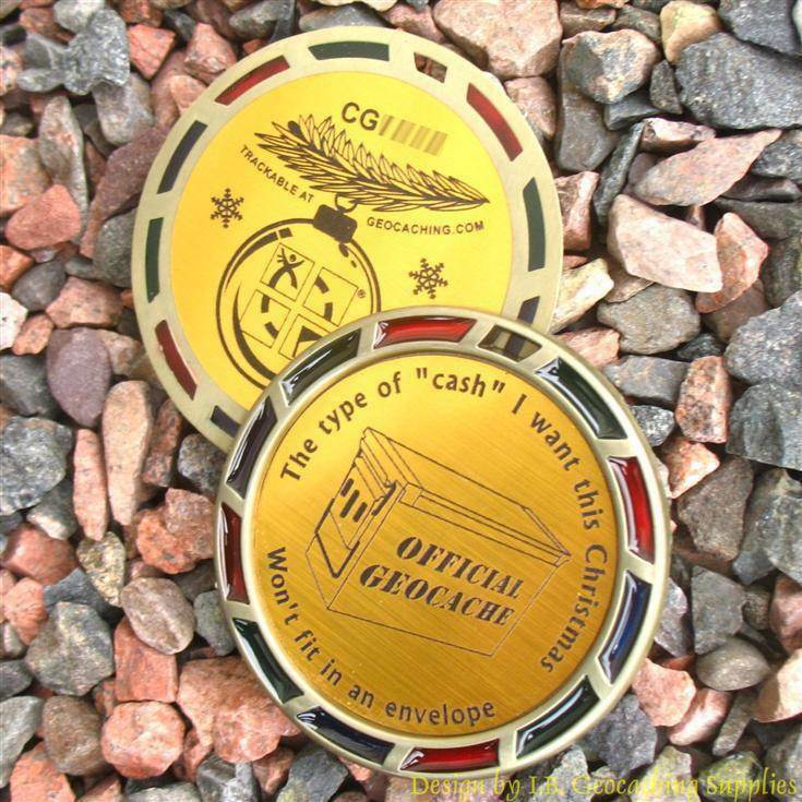 Christmas Cache Geocoin Geomedal (2.5", Translucents, Antique Gold Color Finish)