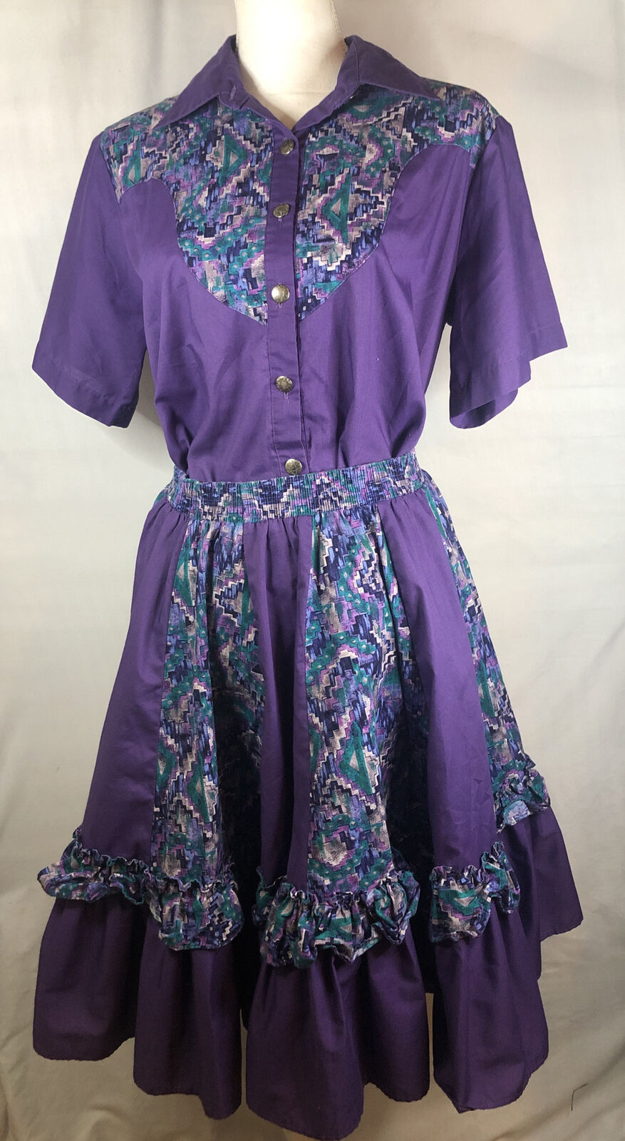 Vinatge Malco Modes Purple Square Dance Top Skirt Outfit Sz Medium 3504