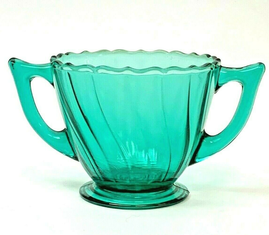 Jeannette Ultramarine Teal Depression Glass Swirl Sugar Bowl 3" Tall 5.25" W