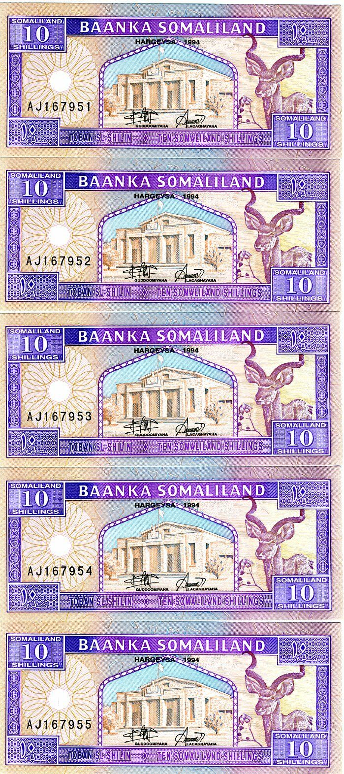 Lot Somaliland, 5 X 10 Shillings, 1994, P-2, Unc