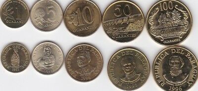 Paraguay - Set 5 Coins 1 5 10 50 100 Guaranies 1992 - 1996 Aunc+/ Unc Lemberg-zp