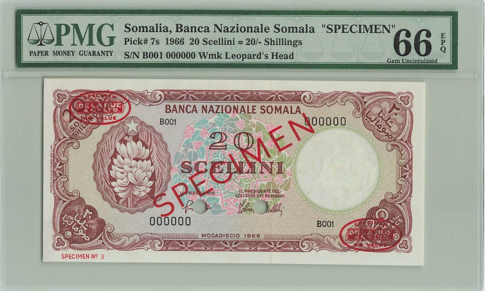Somalia 20 Scellini 20 Shillings 1966, Specimen P-7s, Pmg 66 Epq Gem Unc, Rare