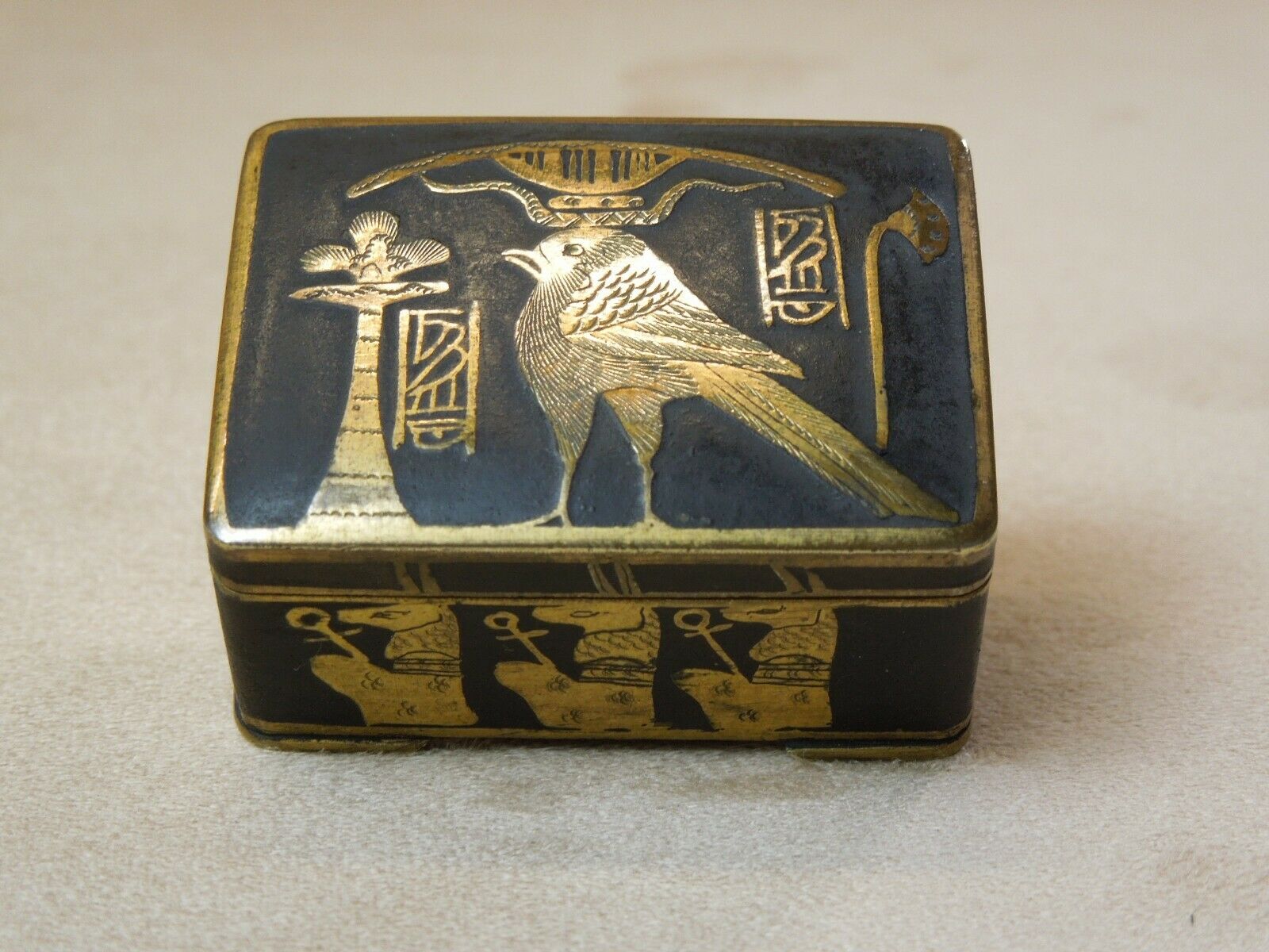 Egyptian Revival Miniature 1.8" Box Hand Engraved Gilt Brass & Enamel Ca. 1920+