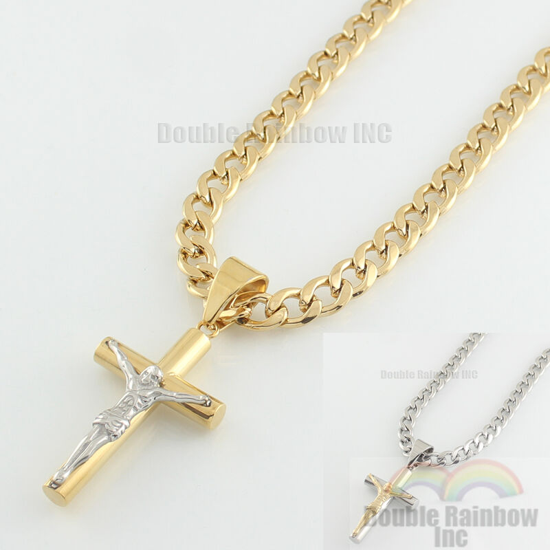 Mens Stainless Steel Gold Silver Cuban Jesus Cross Pendant Necklace Chain Link 9