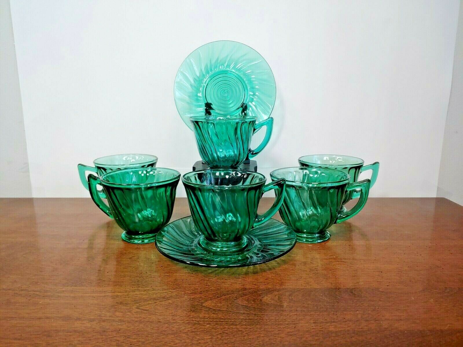 Jeannette Petal Swirl Green Cup & Saucer Lot- Beautiful - 1937-1938