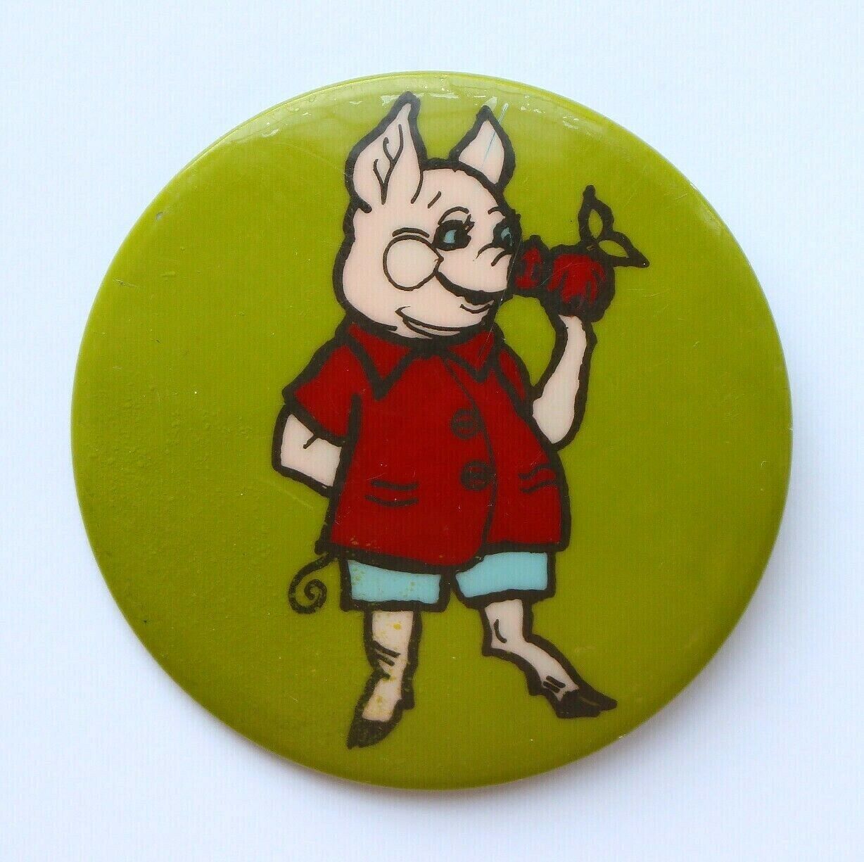 Vintage Original Soviet Russian Ussr Pin Badge Pig With Apple Plastic