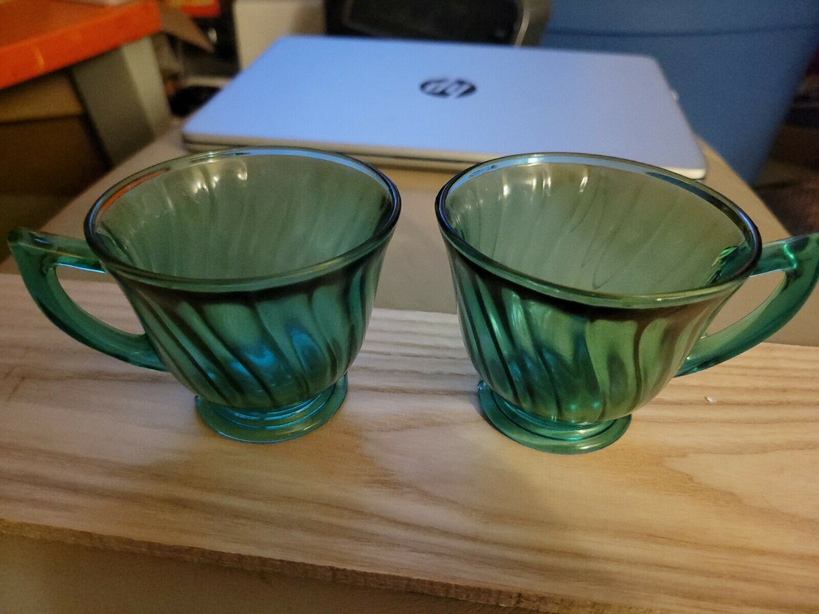 Jeannette Ultramarine Teal Depression Glass Swirl Coffee Cups Set Of 2