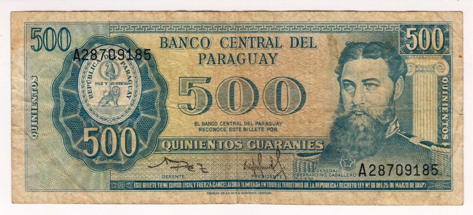 1952 Paraguay 500 Guaranies 28709185 Paper Banknote Money Currency