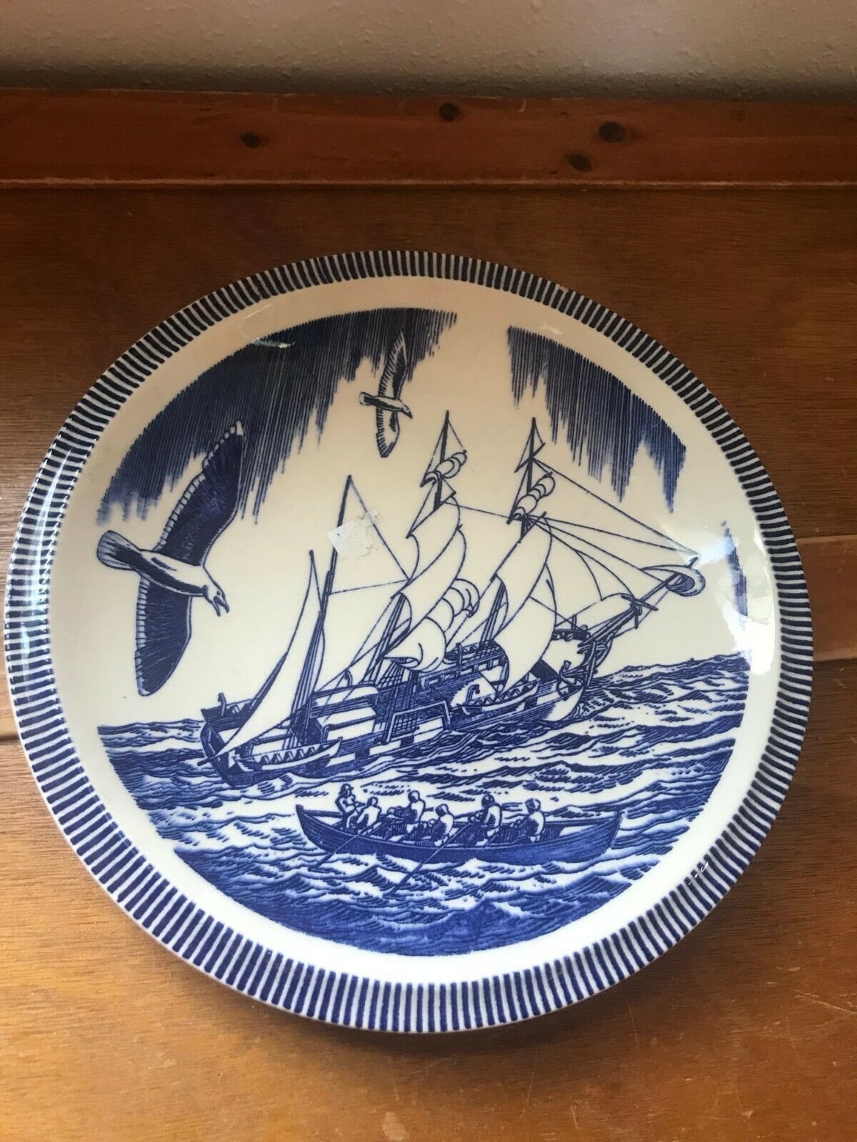 Vintage Vernon Kilns Made In Usa Moby Dick White & Blue Sailing Ship Seagulls Na