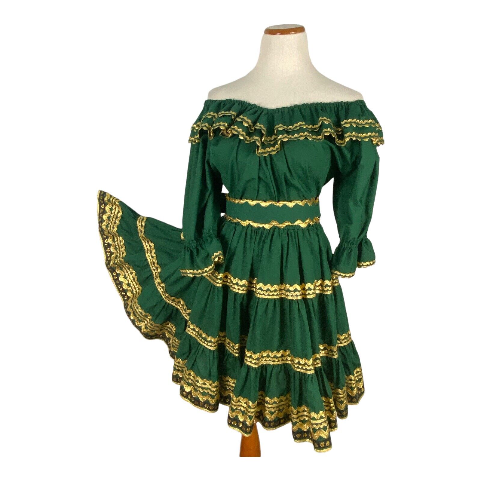 Square Dance Dress 3 Pc Outfit Skirt Blouse Belt Green & Gold Suzi's Ruffles