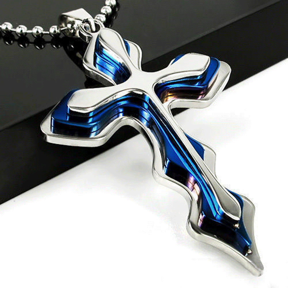 Cross Pendant Necklace Blue Stainless Steel Unisex Crucifix Men Women Free Chain