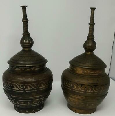 Antique Old Bronze Brass Silver Inlaid Mixed Metal Asian Art Covered Urns Vases