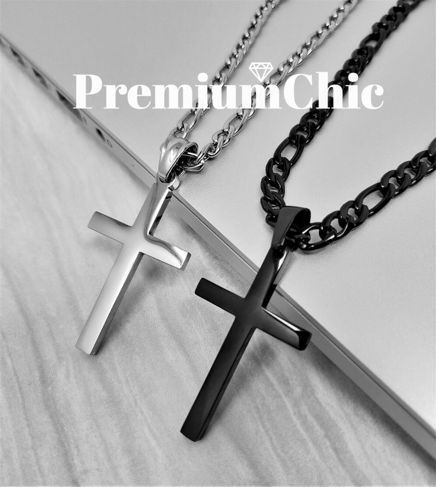 Mens Womens Stainless Steel Figaro Chain Necklace W Cross Pendant Silver Gold Bk