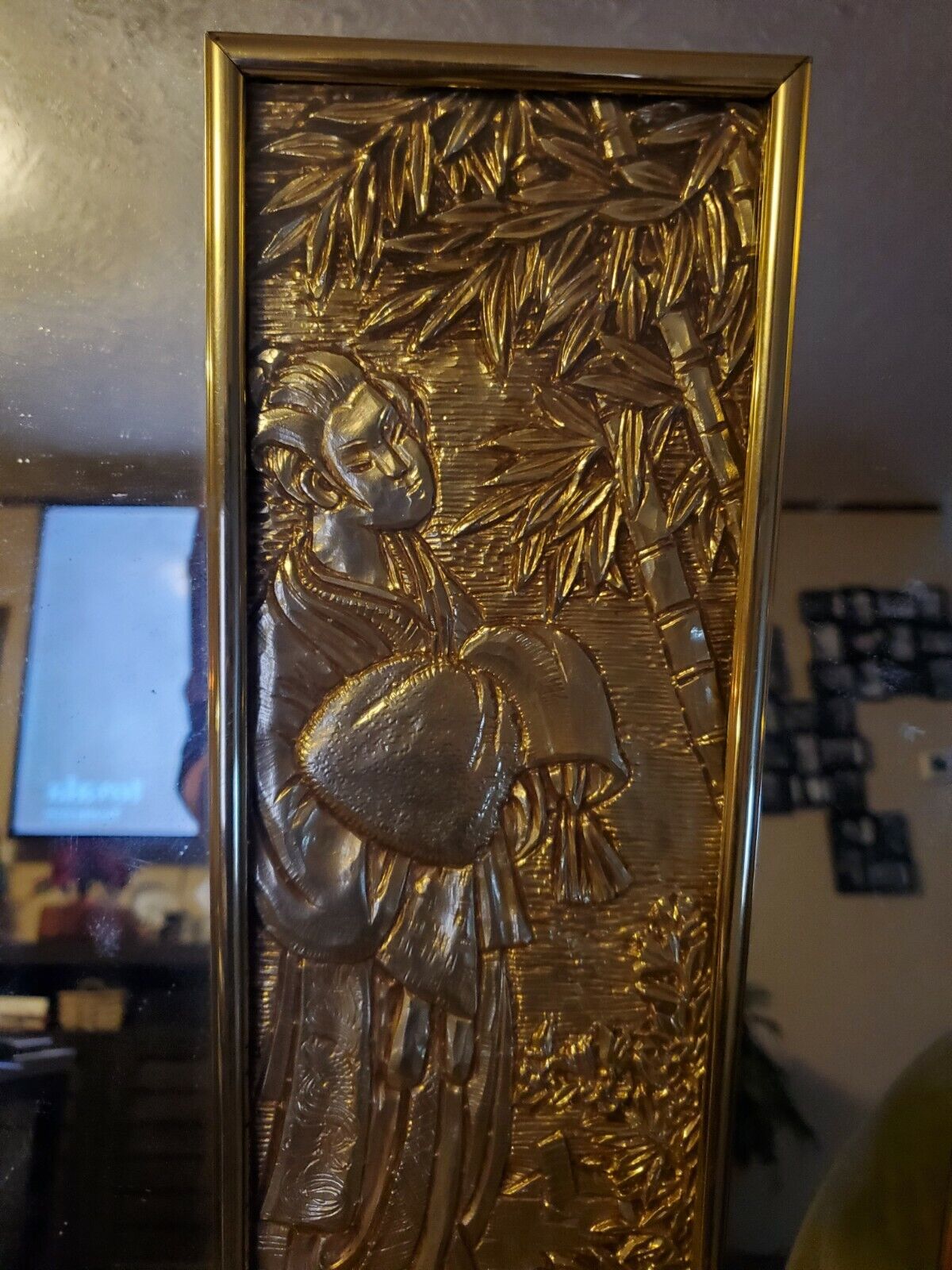 Rare Unique Vintage Mirror W/ Asian Gold Inlay