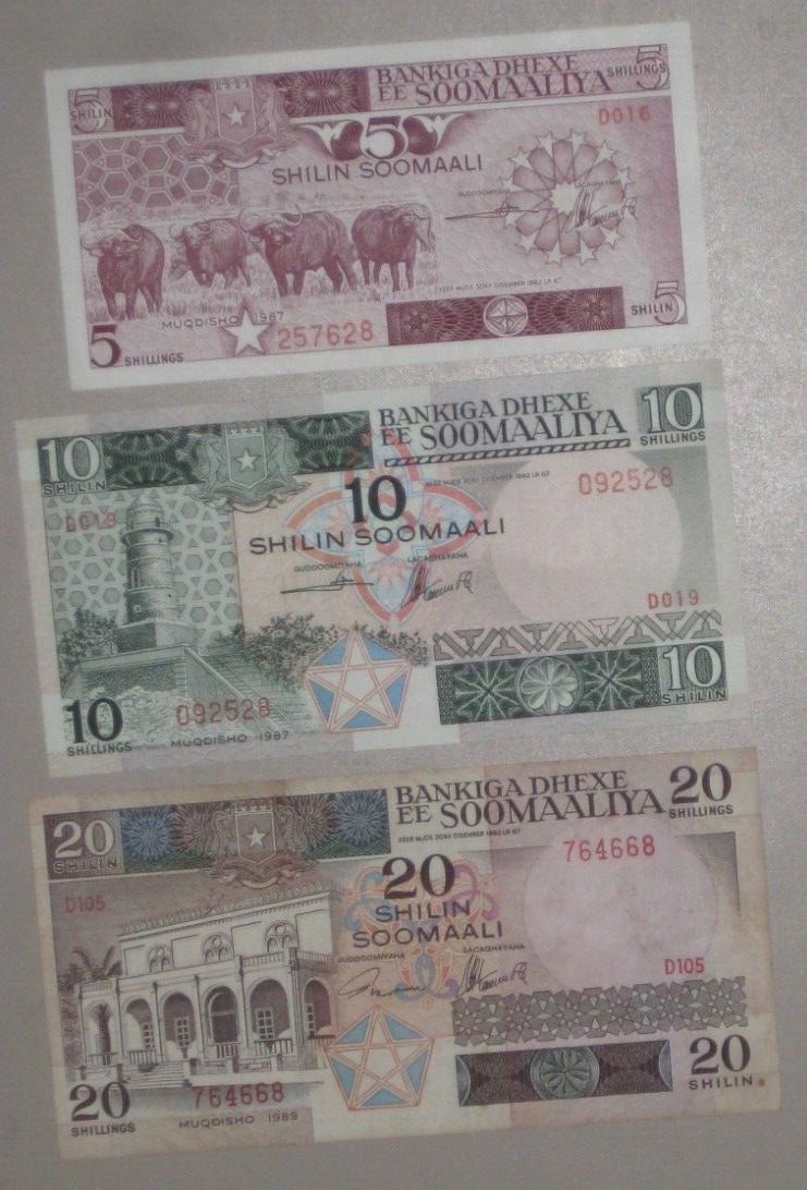 Somali Notes: 5 Shillings 1987 Unc; 10 Shillings 1987 Unc; 20 Shillings 1989 Xf