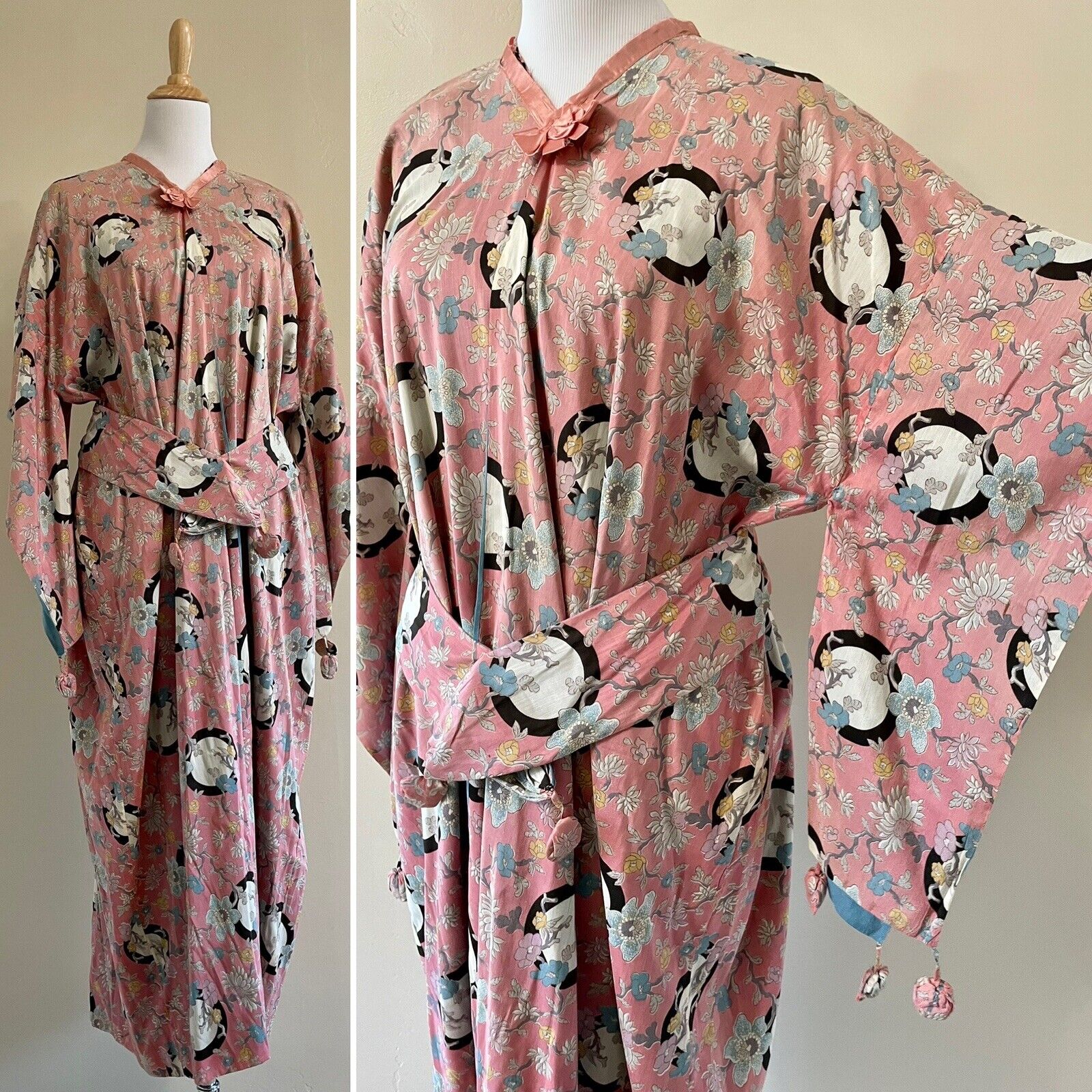 Antique 1920s Asian Japanese? Stunning Floral Print Silk Kimono Robe Pom Poms