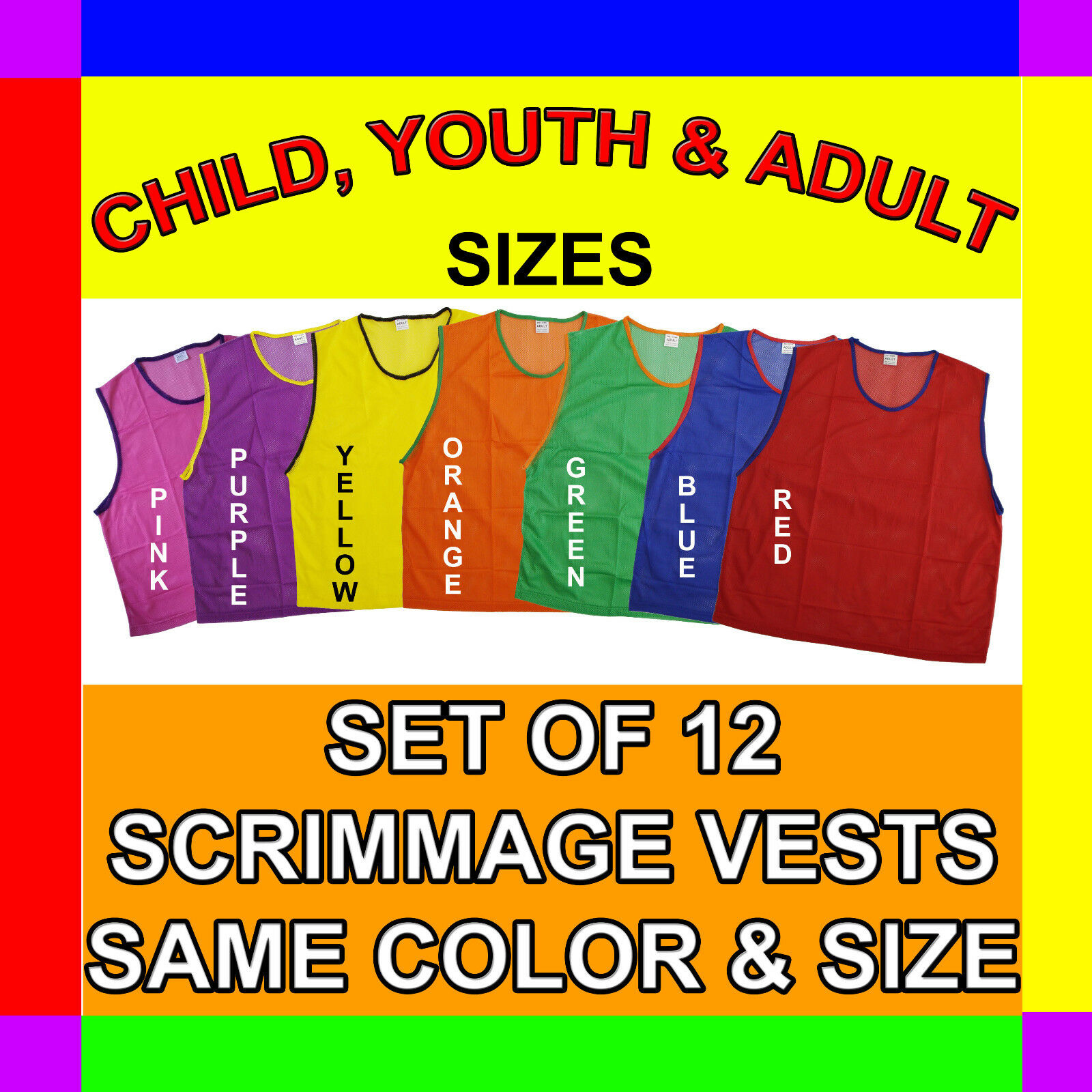 12 Scrimmage Vests Soccer Basketball Football Child Youth Adult Pinnies Jerseys