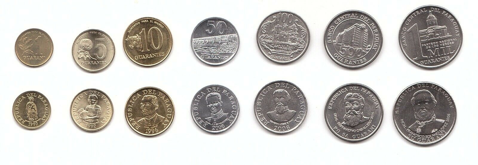 Paraguay __ Set 7 Coins 1 5 10 50 100 500 1000 Guaranies 1992 - 2014 Unc