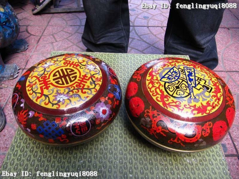 China Royal Palace Bronze Copper Cloisonne Enamel Plate Jar Pot Crock Bowl Pair
