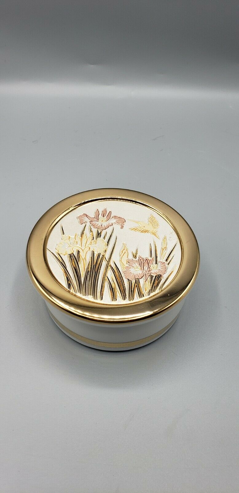 The Art Of Chokin Japan 4" Round Porcelain Trinket Box-flowers-24k Gold Trim