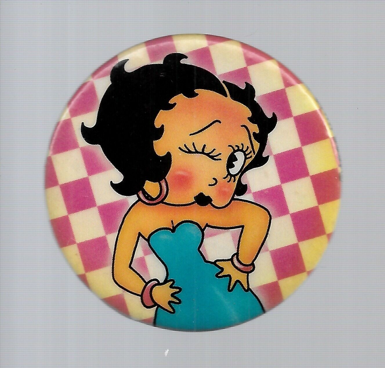 1980 Betty Boop Vintage Pinback Button, 1 3/4" Diameter, Winking In Blue Dress