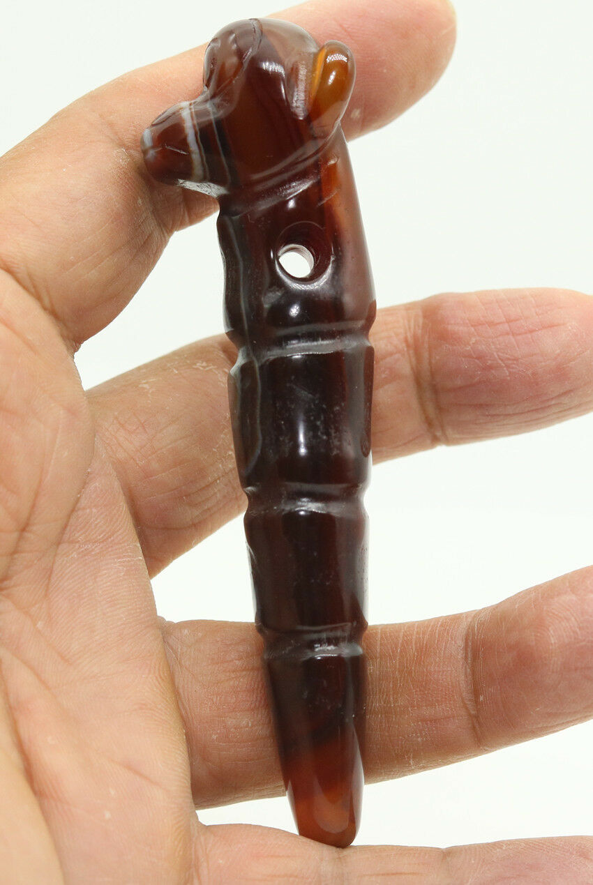 Chinese Oriental Culture Carve Agate Jade Red Monkey Head Amulet Pendant D573