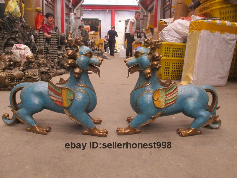 China Royal 100% Bronze Cloisonne Dragon Kylin Brave Troops Nine Head Beast Pair
