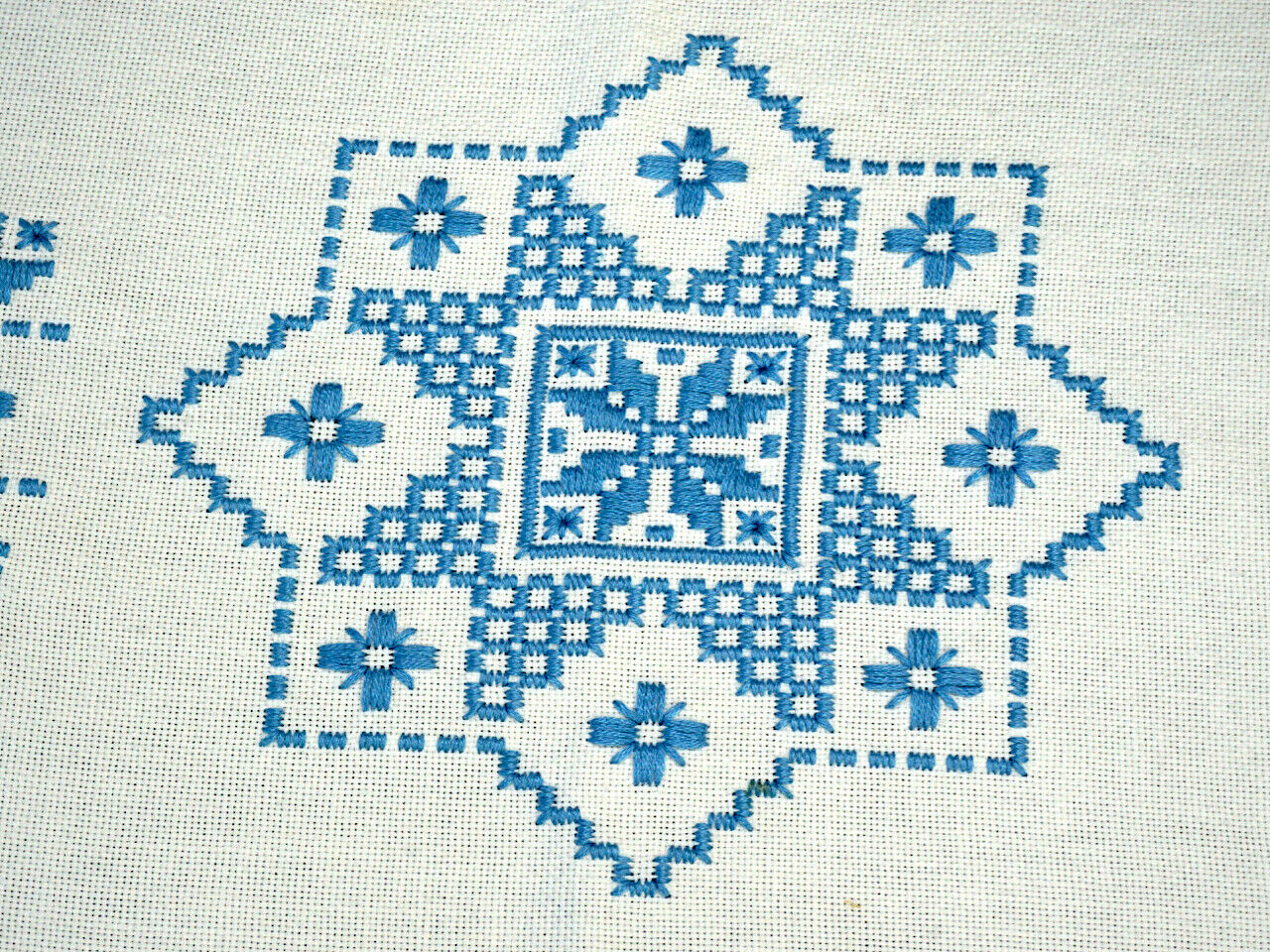 Norwegian Runner Hand Stitch Embroidery In Hardanger Pattern  58" L. As Is Vtg