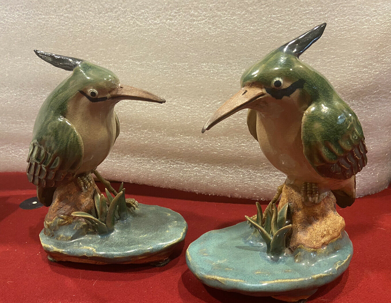 Kingfishers-vtg Pair Of Oriental Pottery Kingfisher Birds,signed