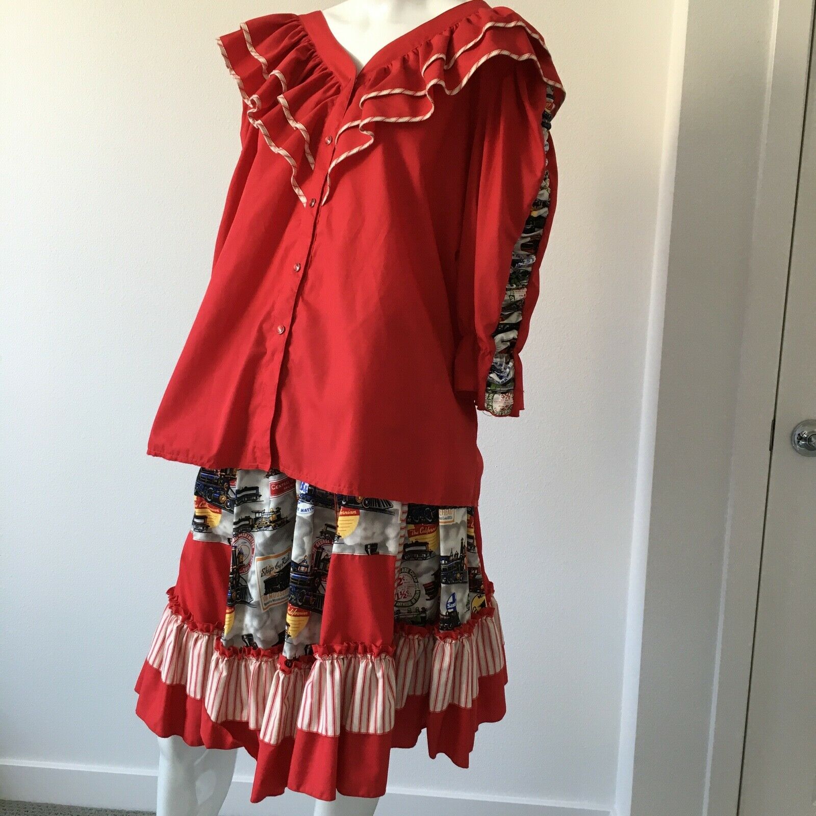 Vtg Mondiki Square Dance Blouse Skirt Pearl Snaps Pockets Xl Train Rockabilly
