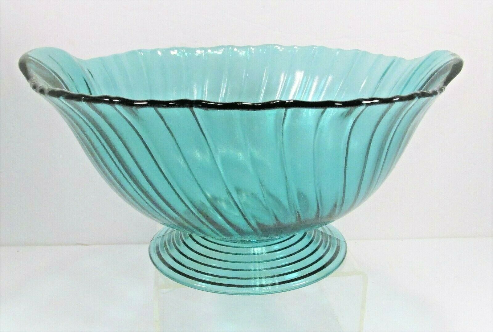 Jeanette Glass Ultramarine Swirl Teal Blue Footed Bowl 9" D 1.5 Qt 1937-1938