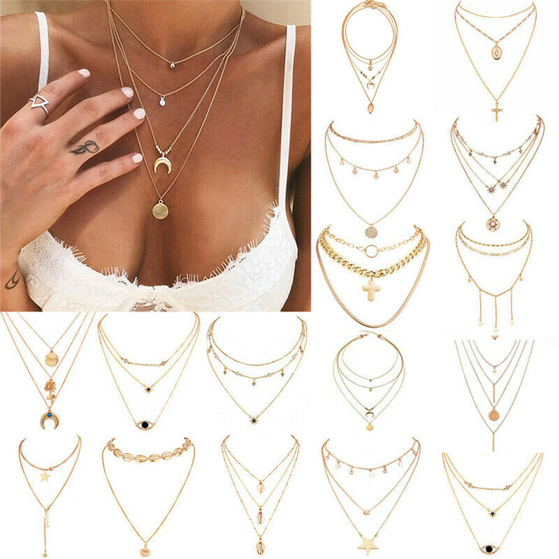 Boho Women Multi-layer Long Chain Pendant Crystal Choker Necklace Jewelry Gift
