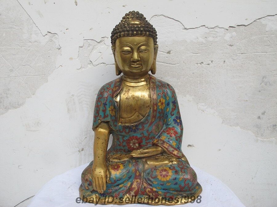 Tibet Tibetan Bronze Handwork Cloisonne Buddhism Sakyamuni Buddha Statue
