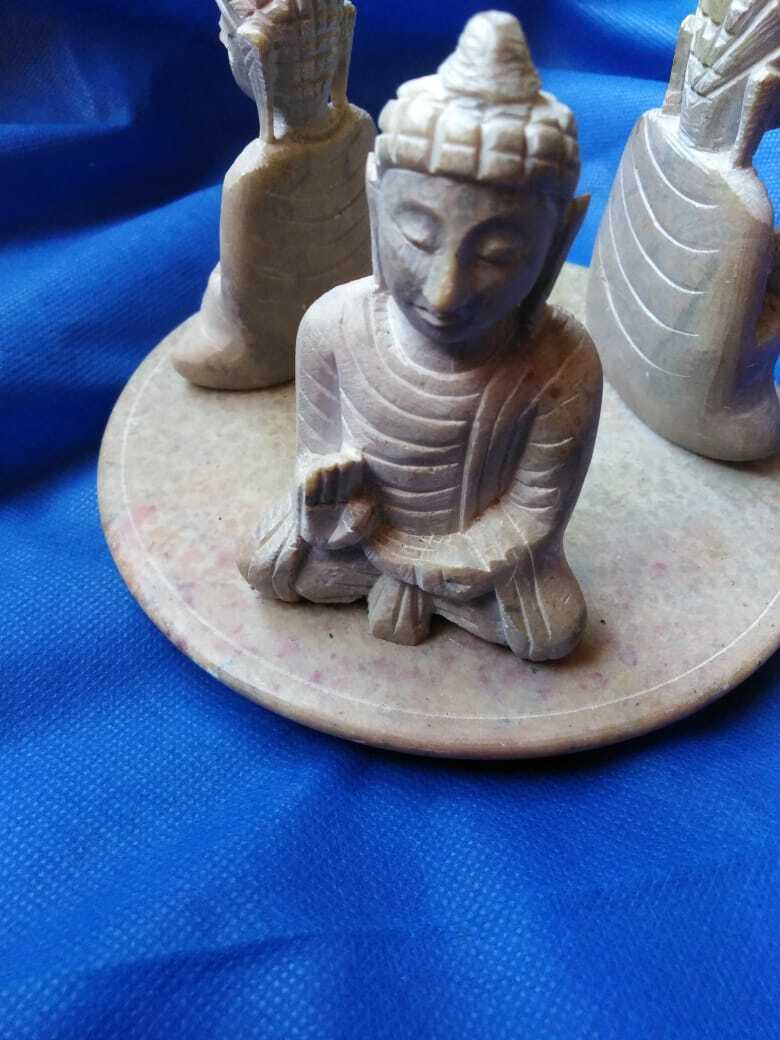 Vintage Candle Holder With Three Buddha Statuettes On Round Base