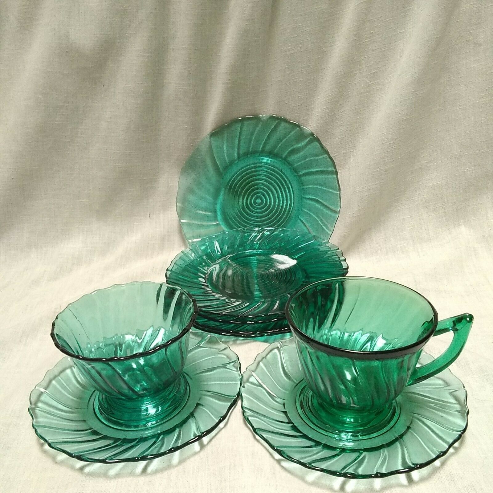 Vtg Jeannette Ultramarine Teal Depression Glass Swirl Set Of 9! Plates,cup,bowl