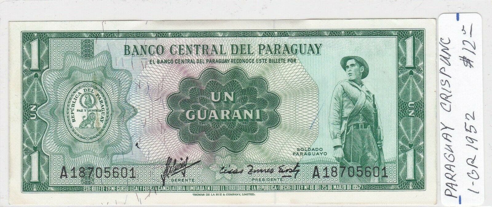 Paper Money - Paraguay - 1952 - 1 Guarani - Crisp Uncirculated - 5601