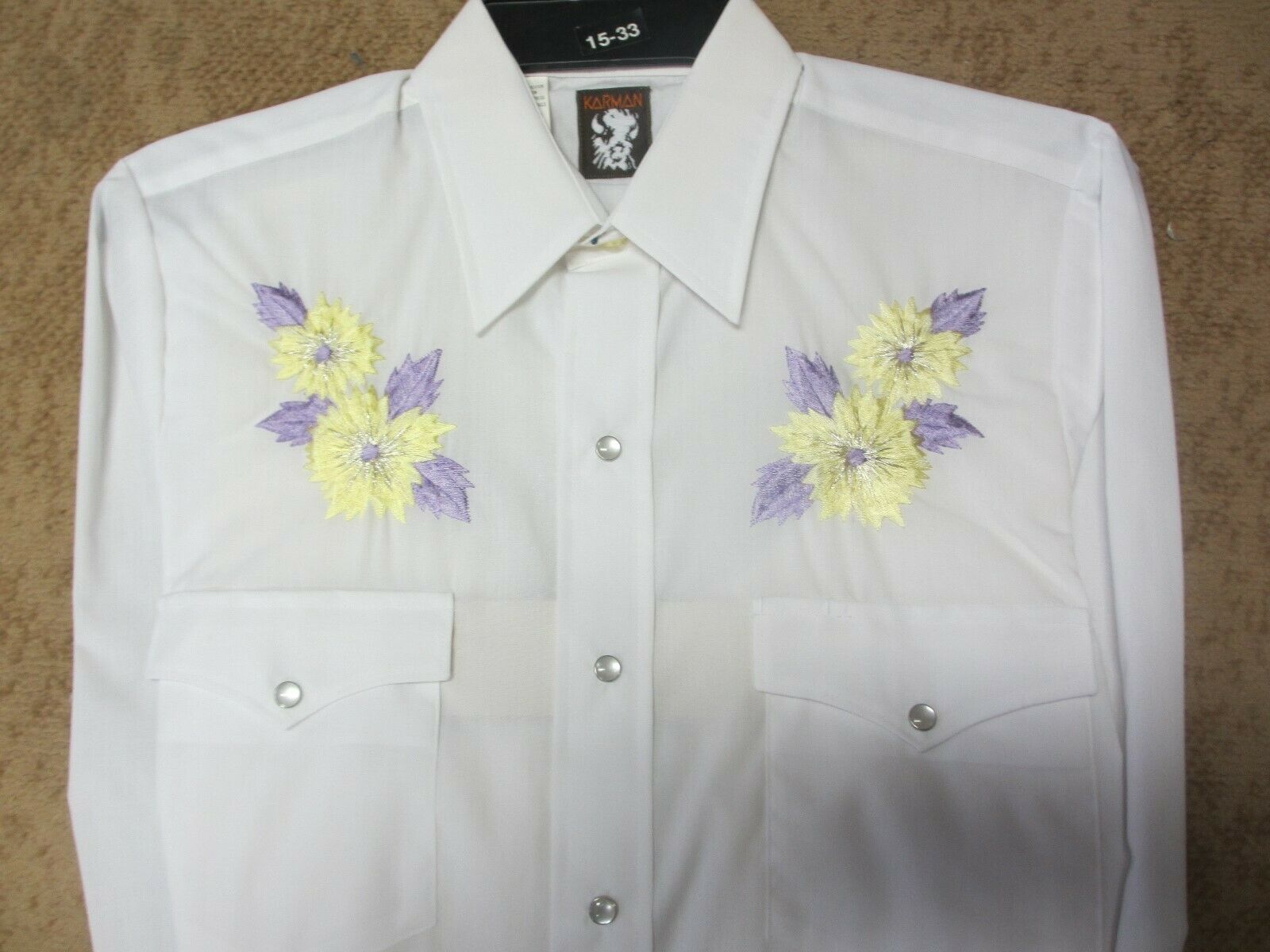 Mens Western/square Dance Shirt 15/33  White W/yellow Flowers By Karmin (new*)