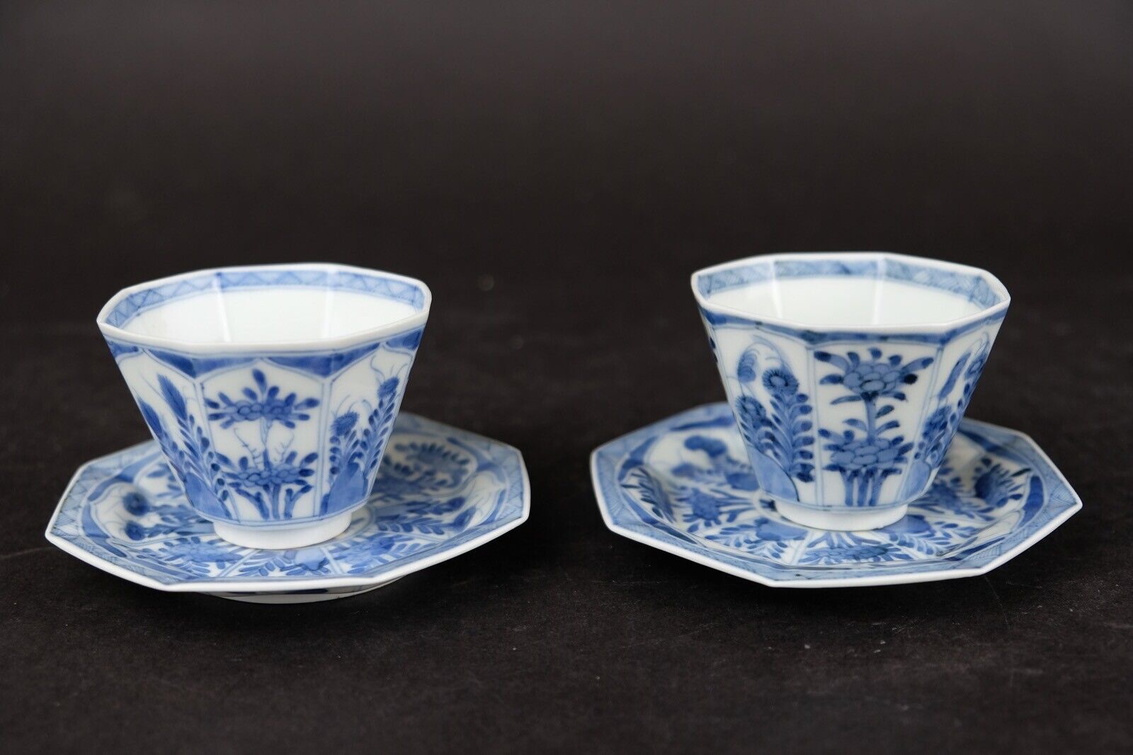 Beautiful Set Antique Hexagonal Blue And White Porcelain Cups And Saucers 19th C